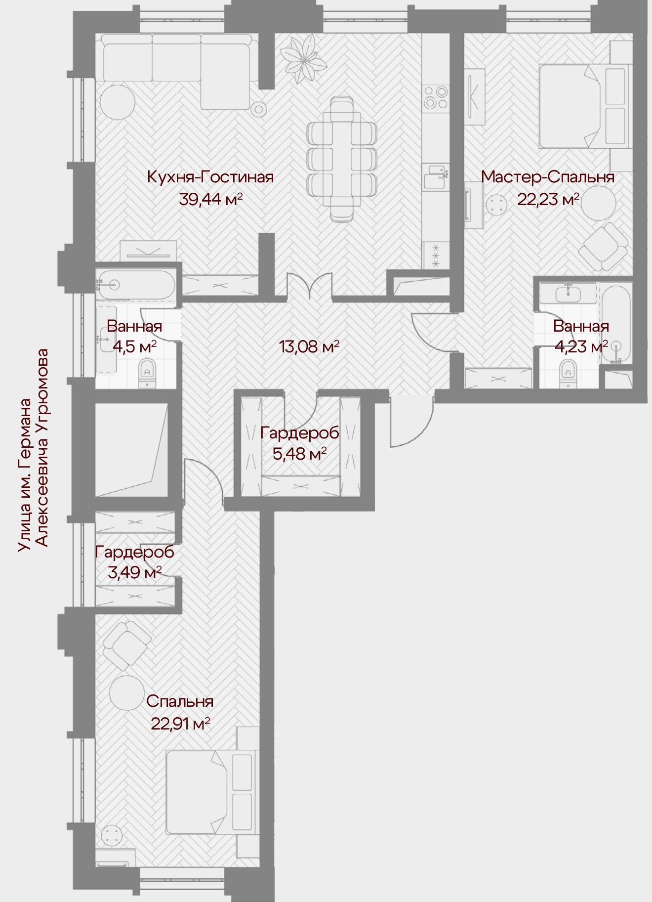 Планировка квартиры Bellagio с 2 спальнями, 115,3 м²