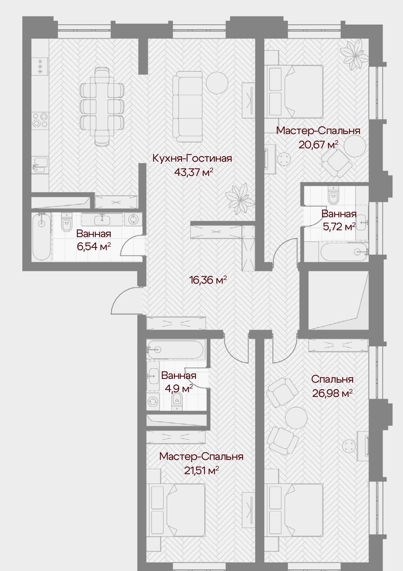 Планировка квартиры Bellagio с 3 спальнями, 146,0 м²