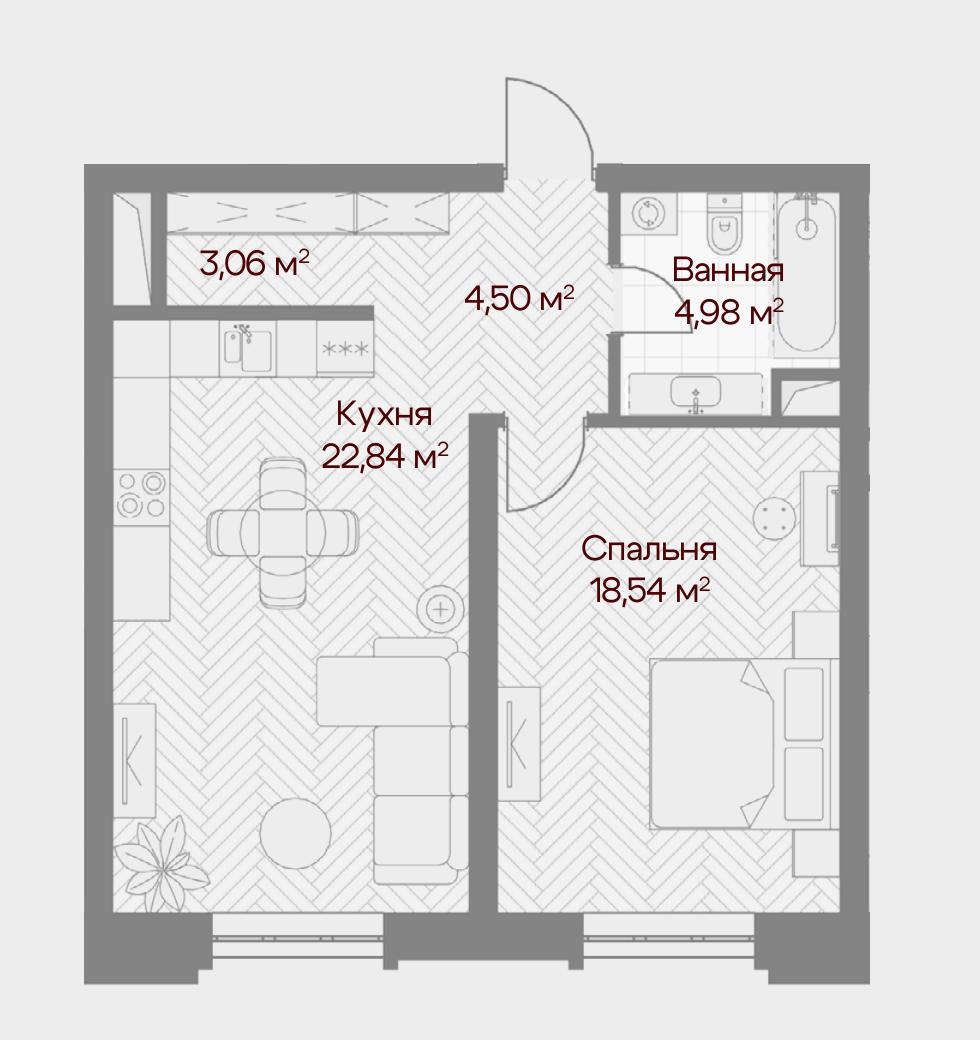 Планировка квартиры Bellagio с 1 спальней, 53,9 м²