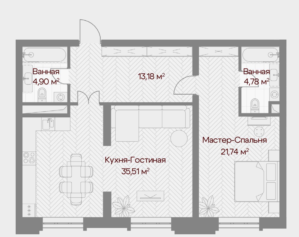 Планировка квартиры Bellagio с 1 спальней, 80,1 м²